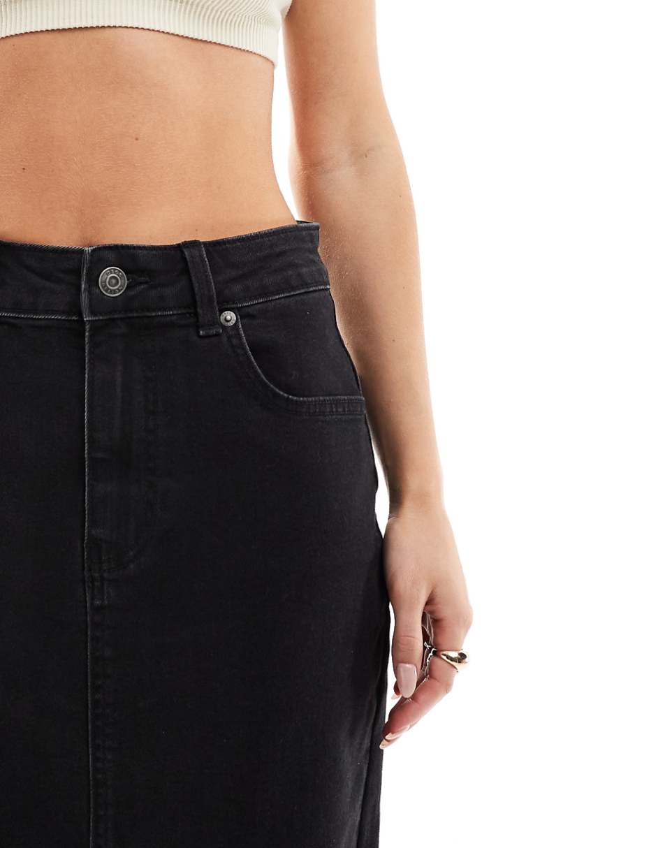 ASOS DESIGN Petite denim maxi skirt with split hem in washed black