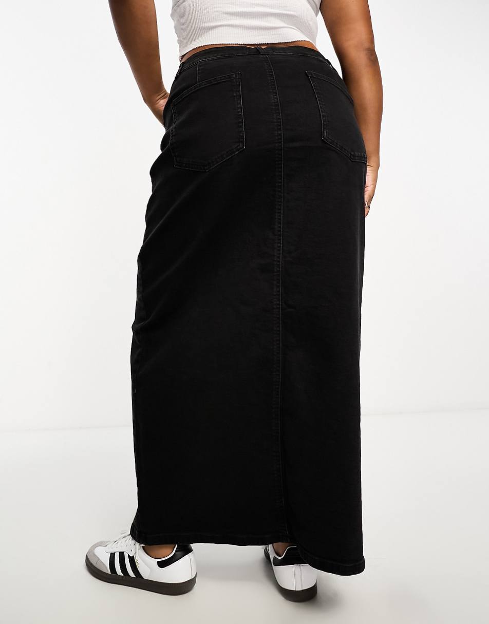 ASOS DESIGN Curve denim maxi skirt with split hem in washed black