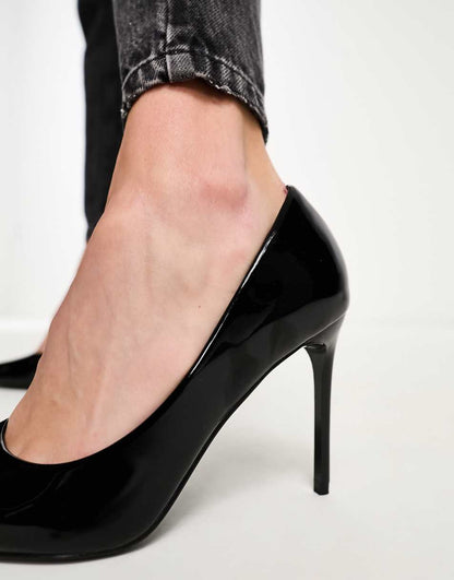 ASOS DESIGN Paphos pointed high heeled pumps in black patent
