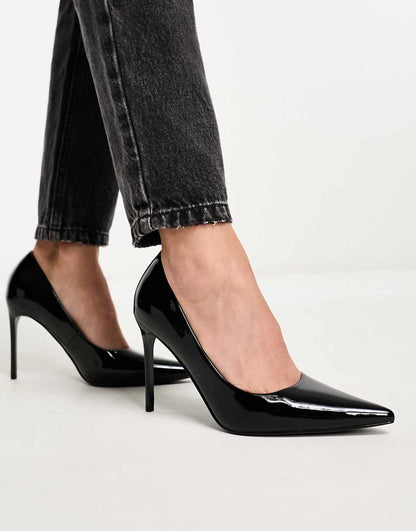 ASOS DESIGN Paphos pointed high heeled pumps in black patent
