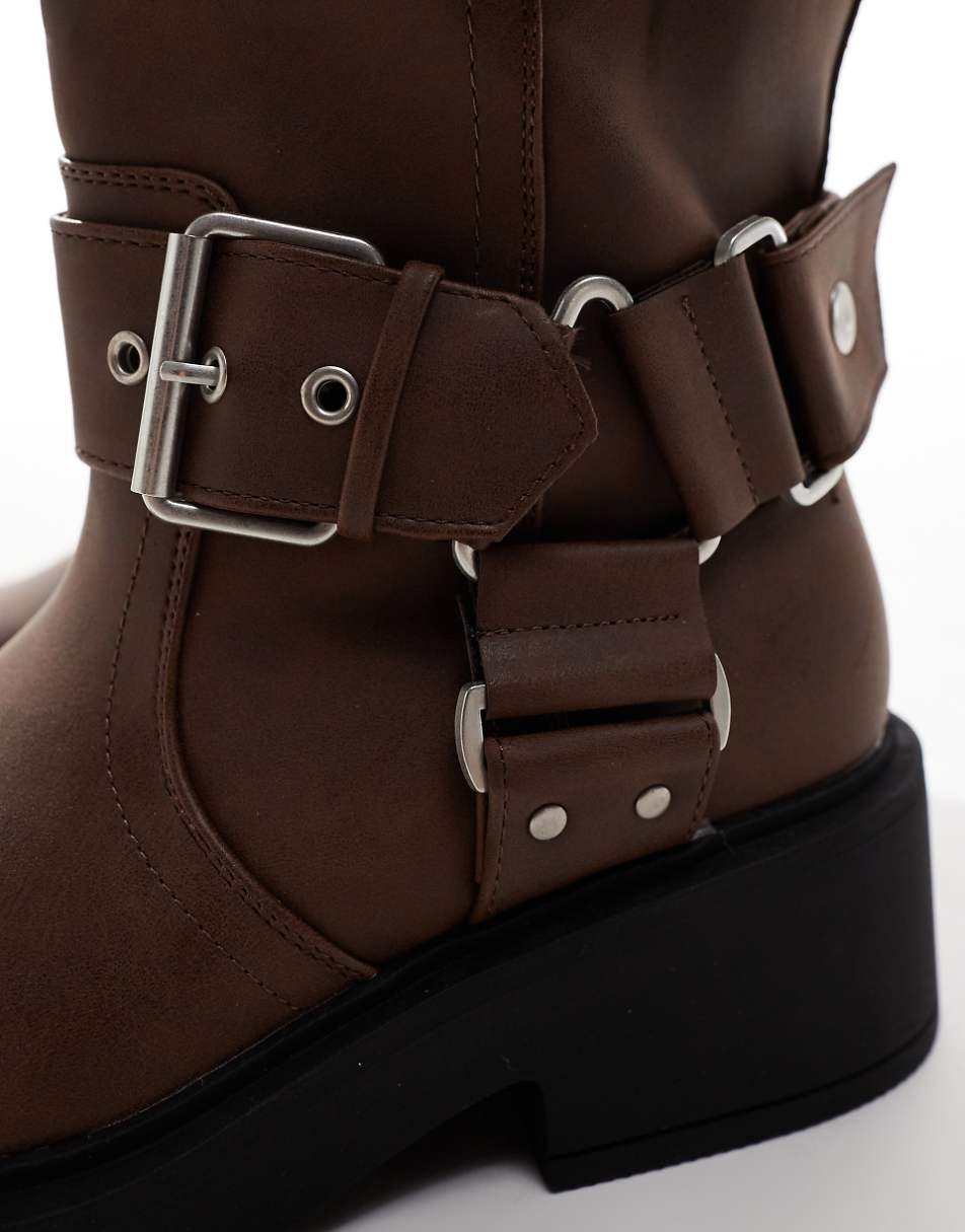 ASOS DESIGN Captain multi-buckle biker knee boots in brown