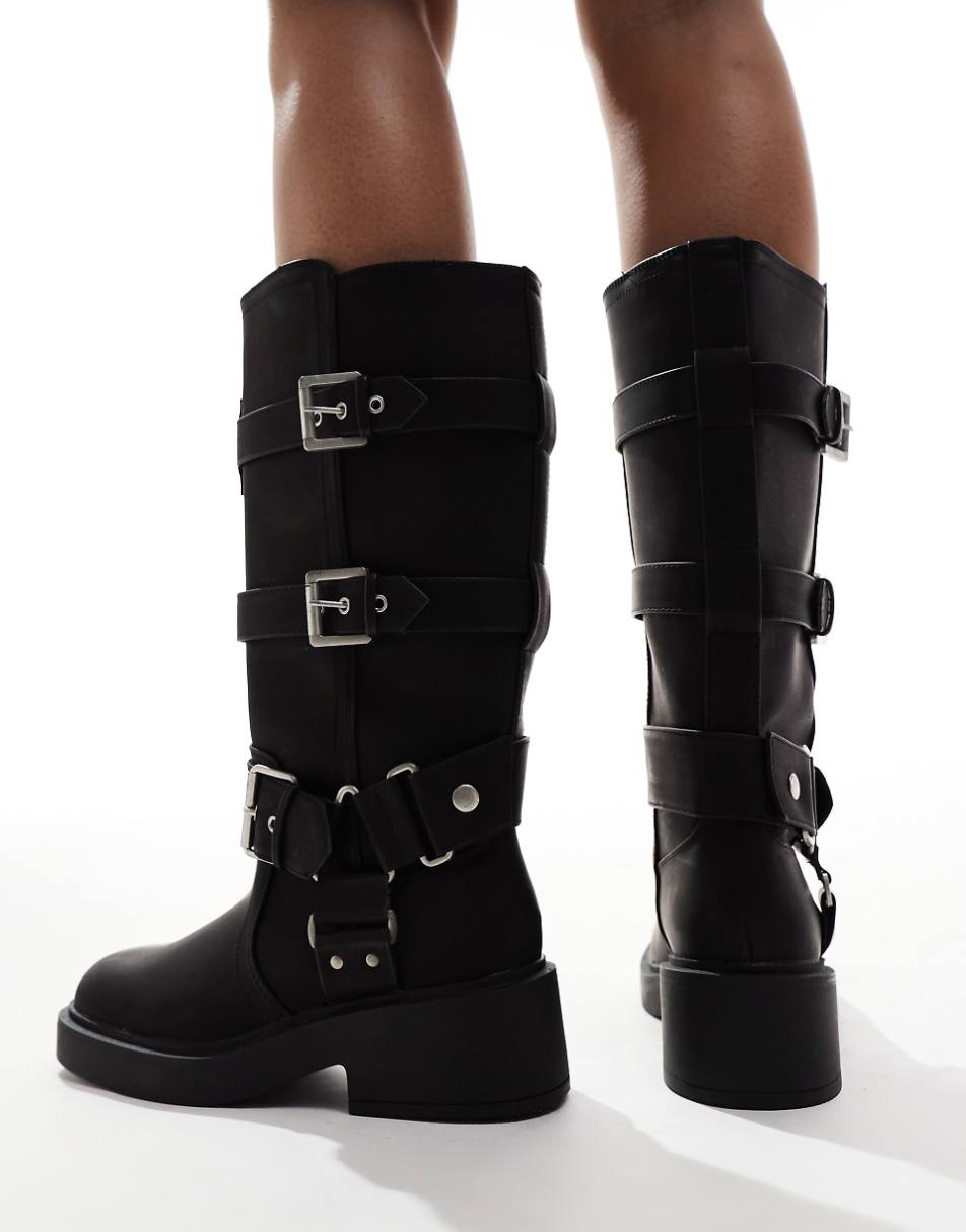 ASOS DESIGN Captain multi-buckle biker knee boots in black