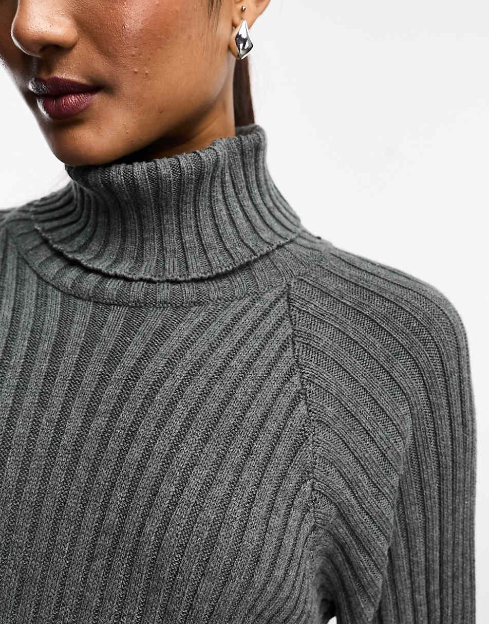 YAS ribbed roll neck sweater midi dress in gray