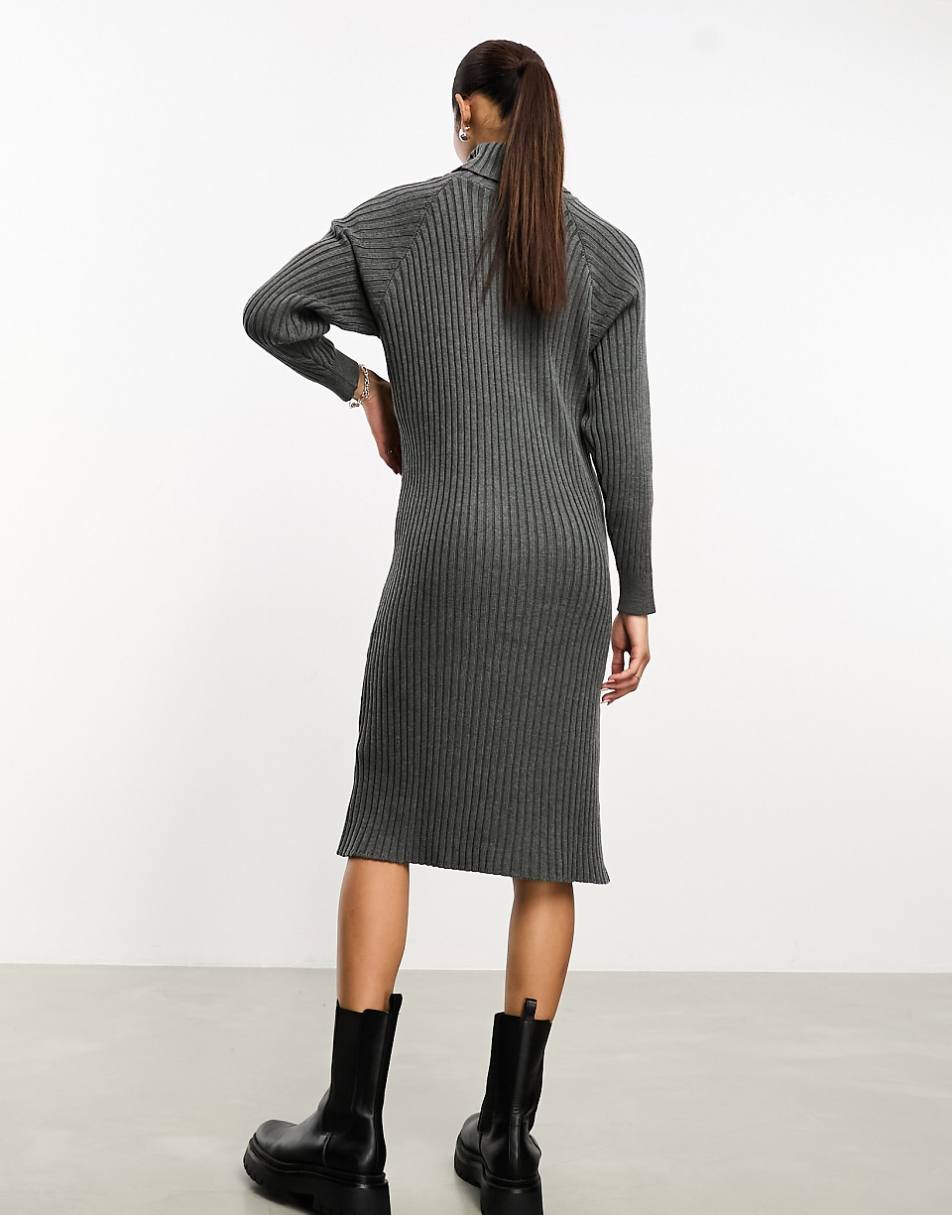 YAS ribbed roll neck sweater midi dress in gray