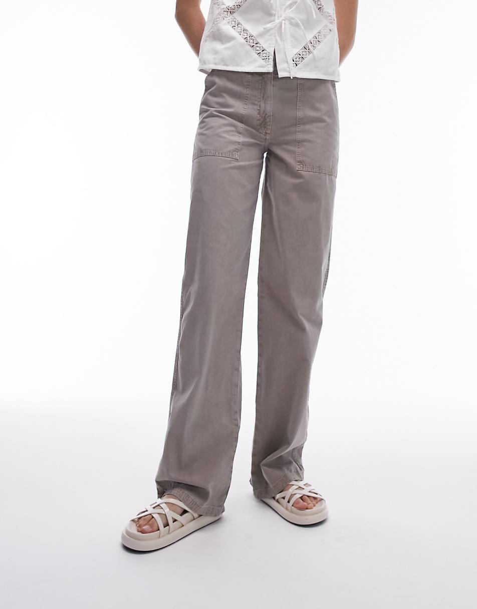 Topshop Tall low rise washed straight leg pants in taupe