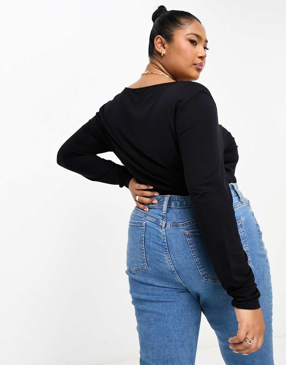 ASOS DESIGN Curve long sleeve wrap top in black