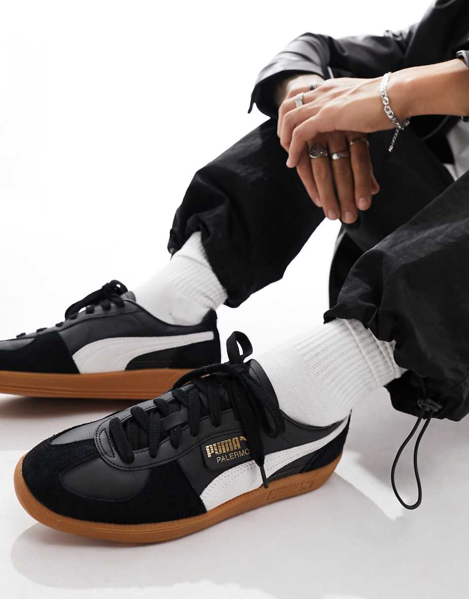 PUMA Palermo Leather sneakers in black and white