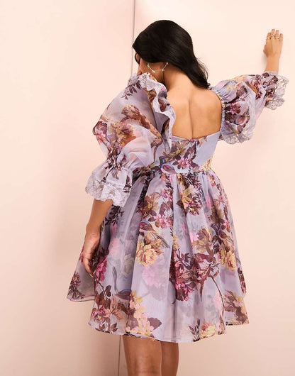 ASOS LUXE organza ruffle cupped baby doll dress with lace details in floral print