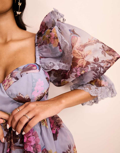 ASOS LUXE organza ruffle cupped baby doll dress with lace details in floral print