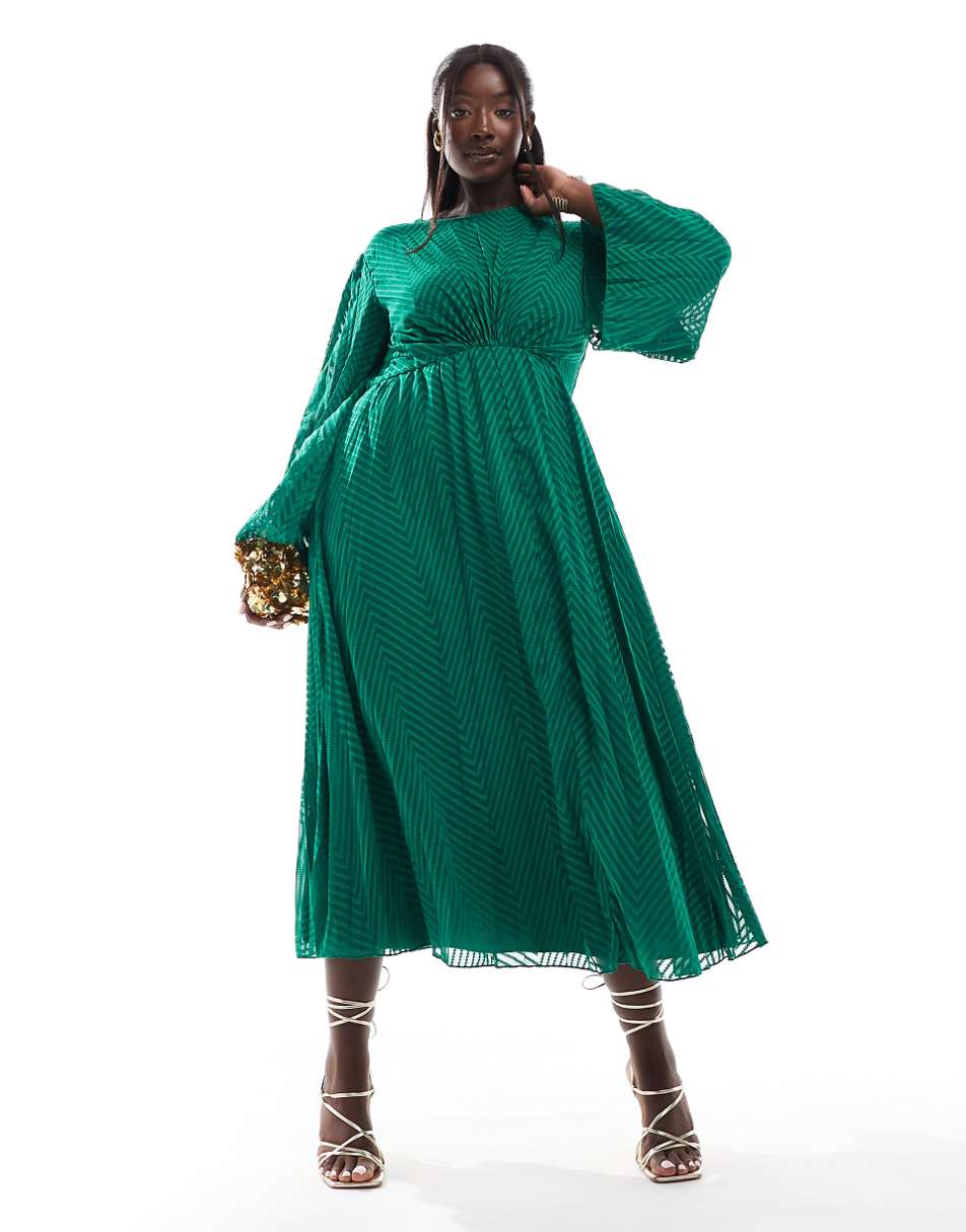 ASOS DESIGN Curve tie back fluted sleeve pleated chevron chiffon midi dress in green