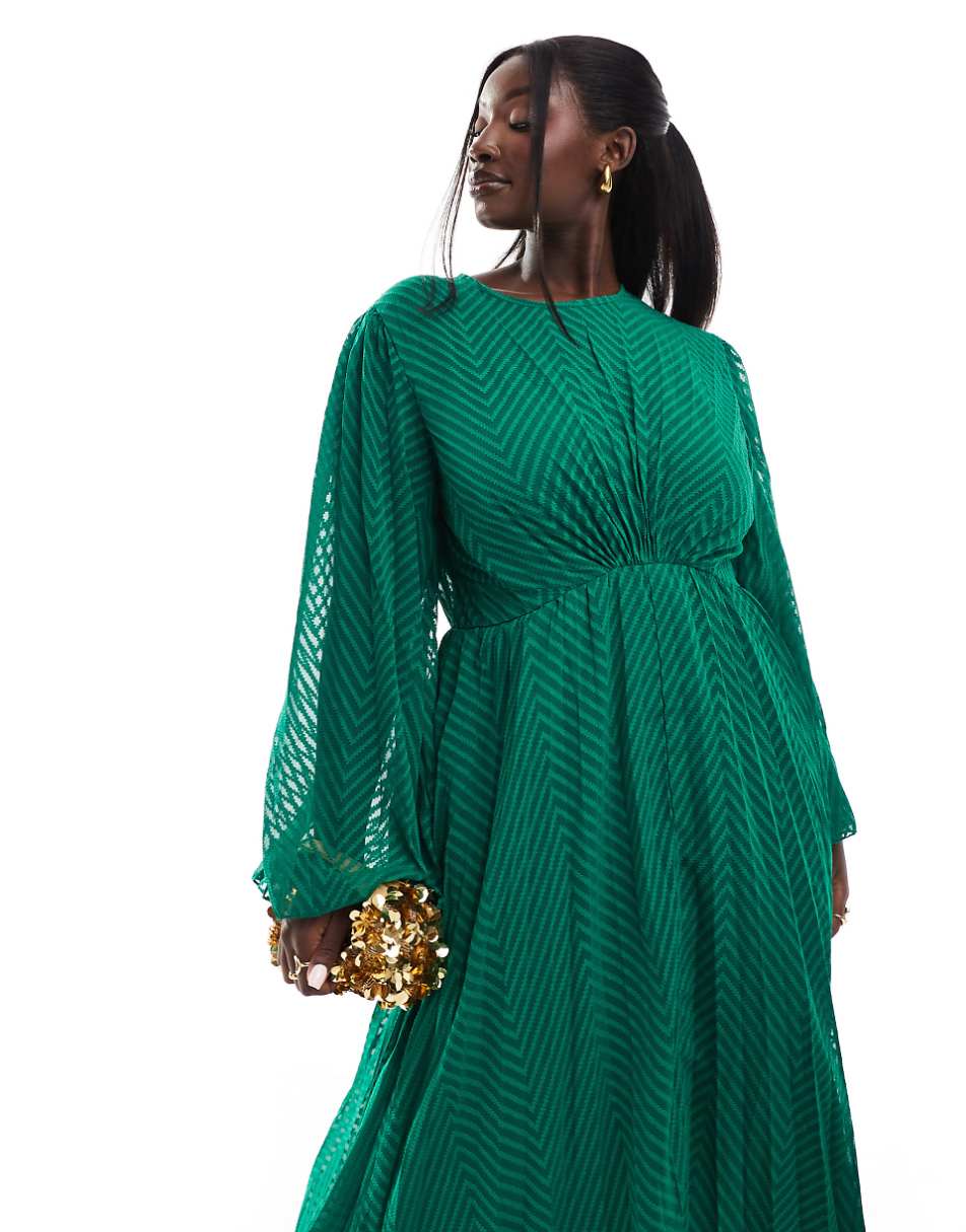 ASOS DESIGN Curve tie back fluted sleeve pleated chevron chiffon midi dress in green