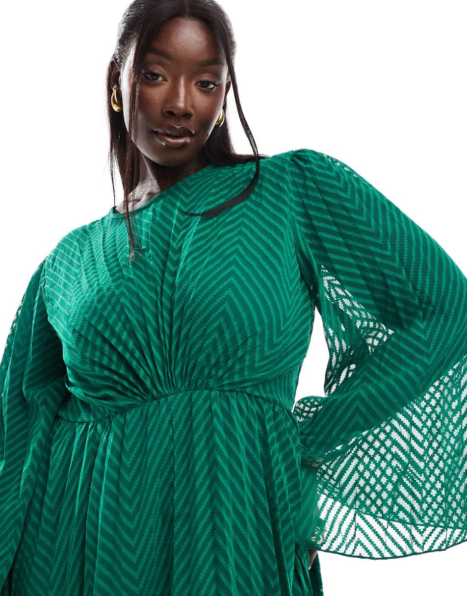 ASOS DESIGN Curve tie back fluted sleeve pleated chevron chiffon midi dress in green