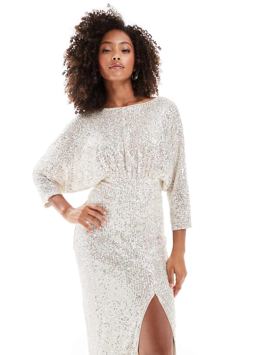 TFNC sequin kimono sleeve maxi dress in silver