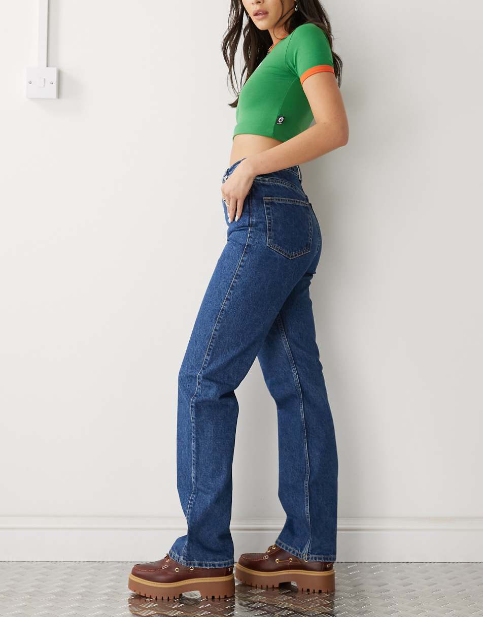 Weekday Rowe extra high rise regular fit straight leg jeans in nobel blue