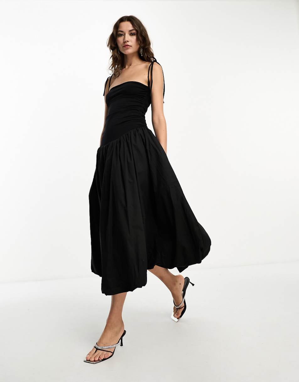 Amy Lynn Alexa shoulder tie puffball midi dress in black