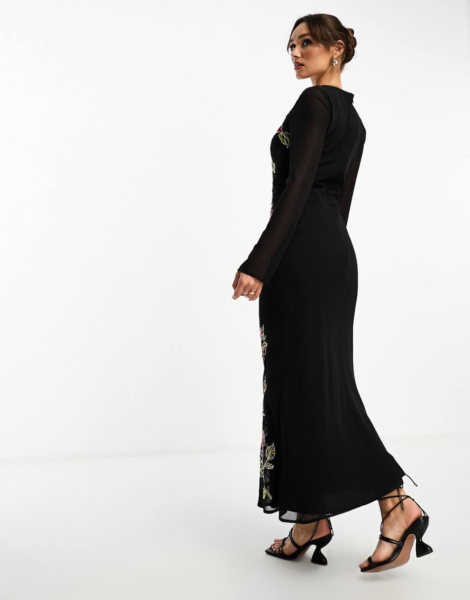 ASOS DESIGN long sleeve maxi dress with red floral embroidery