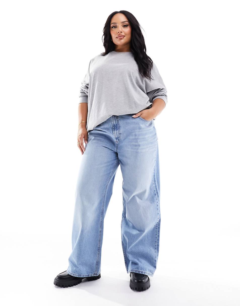 ASOS DESIGN Curve wide leg dad jeans in mid blue