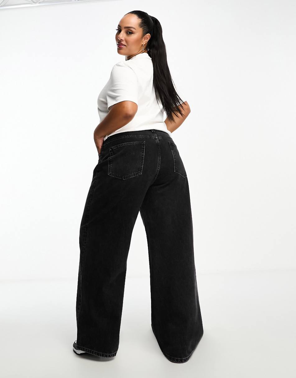 ASOS DESIGN Curve wide leg dad jeans in washed black