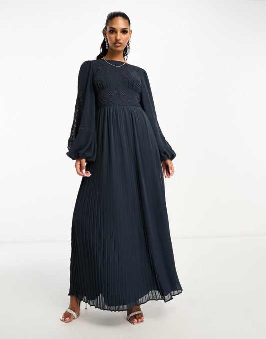 ASOS DESIGN cutout embroidery pleated maxi dress in slate blue