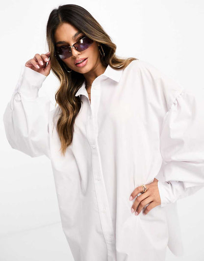 ASOS DESIGN ultimate boyfriend mini shirt dress with volume sleeve in white