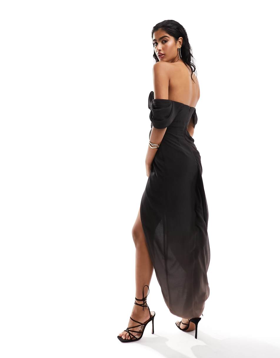 ASOS DESIGN bardot draped midi dress with slit in ombre