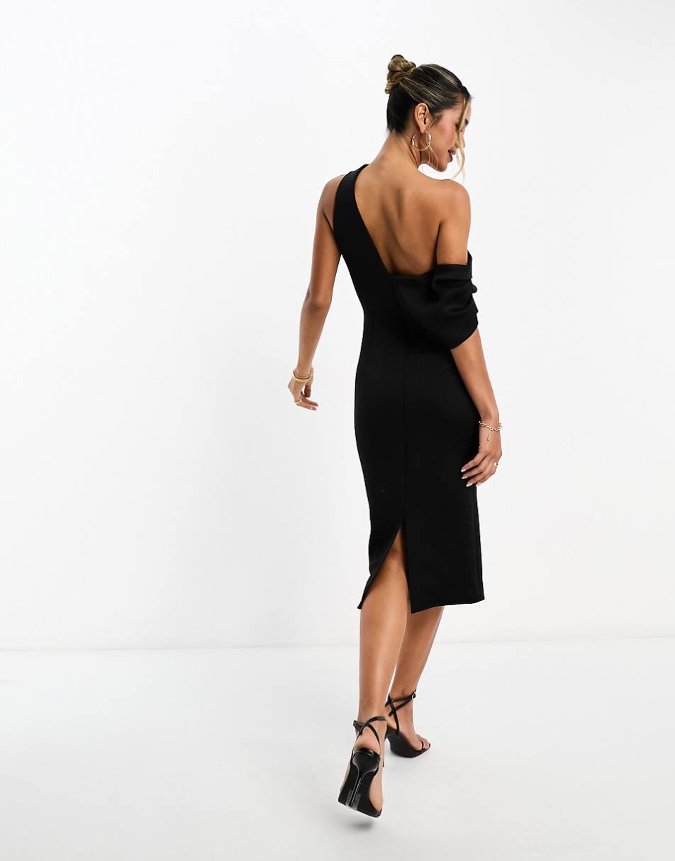 ASOS DESIGN fallen shoulder pleat midi scuba dress in black