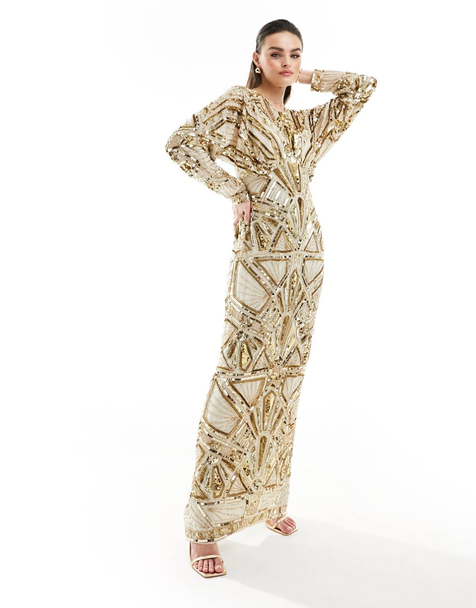 ASOS DESIGN embellished ergonomic batwing maxi dress in gold