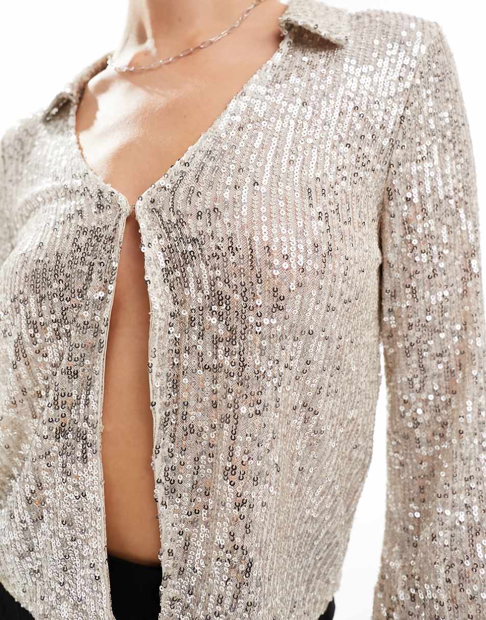 Only open front blouse in silver sequin
