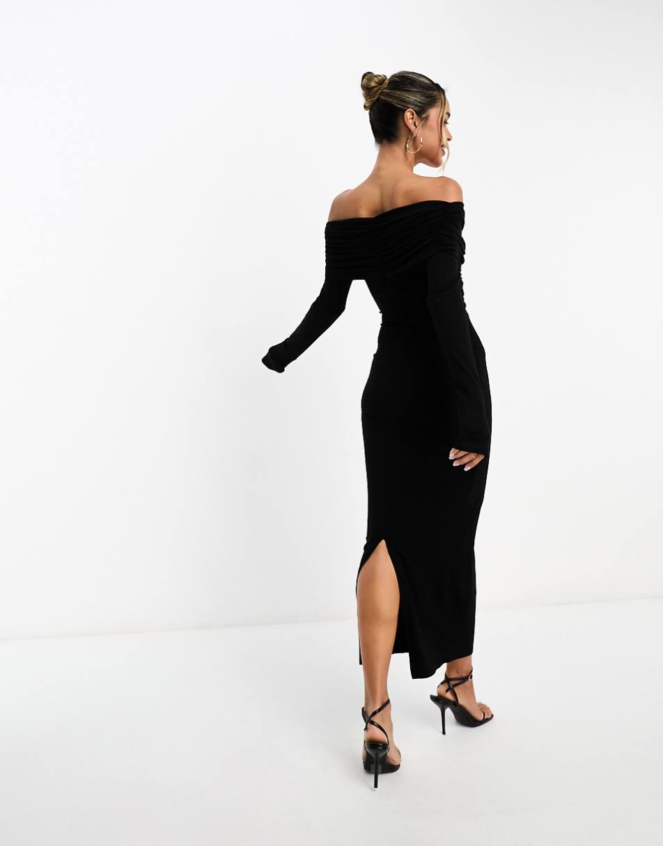 ASOS DESIGN off shoulder twist midi dress with long sleeves in black