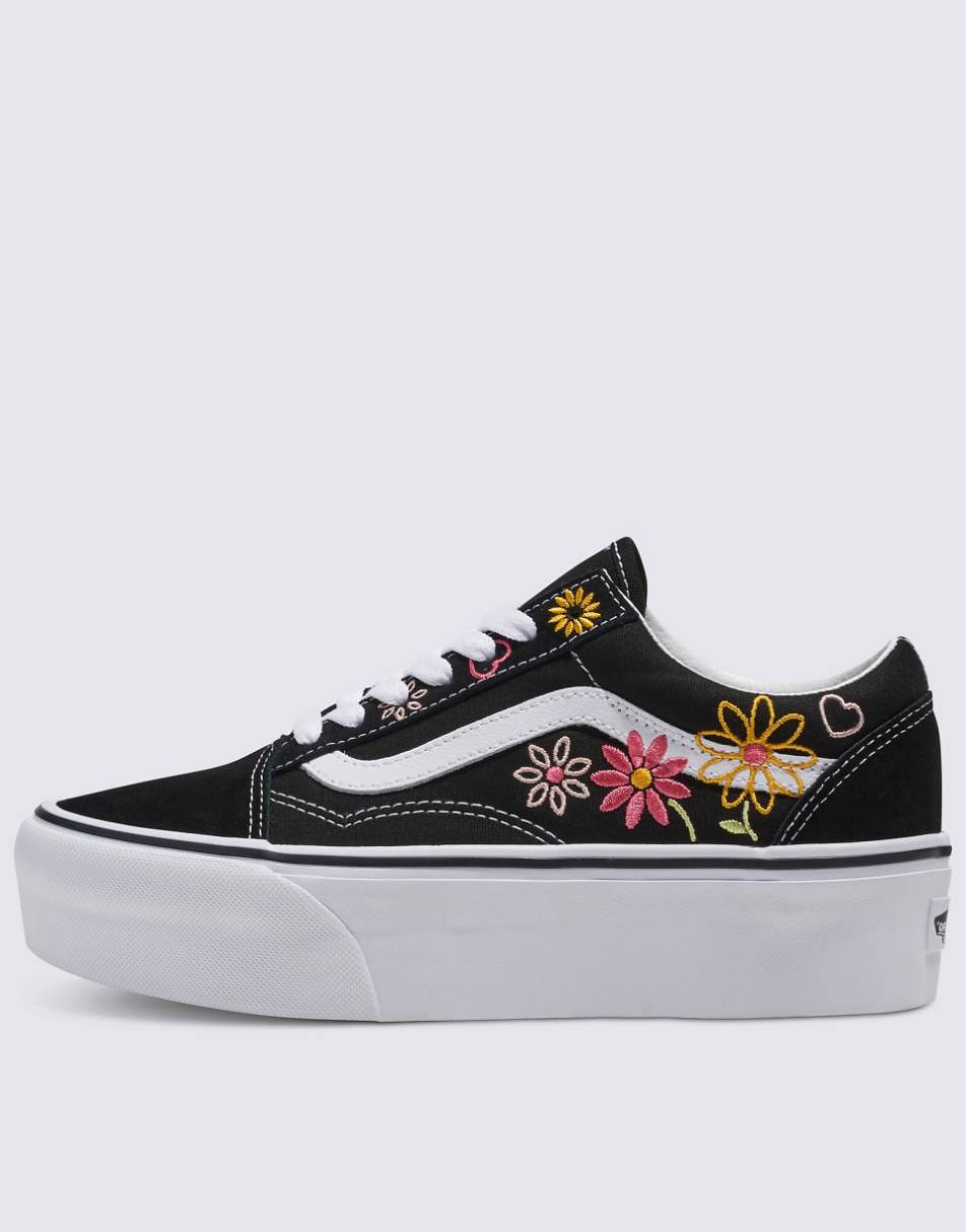 Vans Old Skool stackform sneakers with floral embroidery in black and white