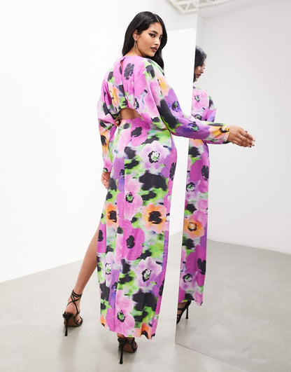 ASOS EDITION long sleeve cut-out midaxi dress in purple graphic floral