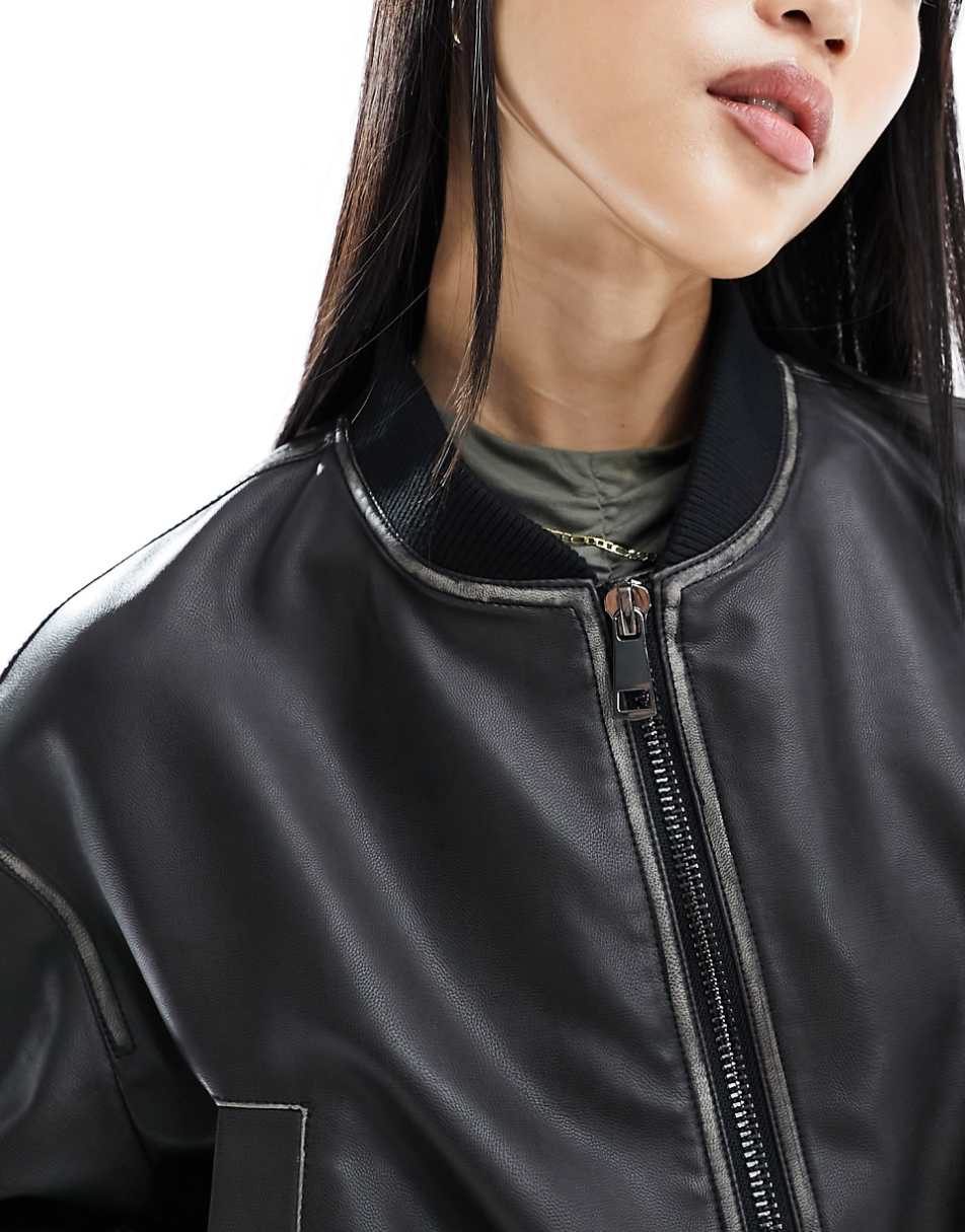 ASOS DESIGN faux leather cropped bomber jacket in washed black