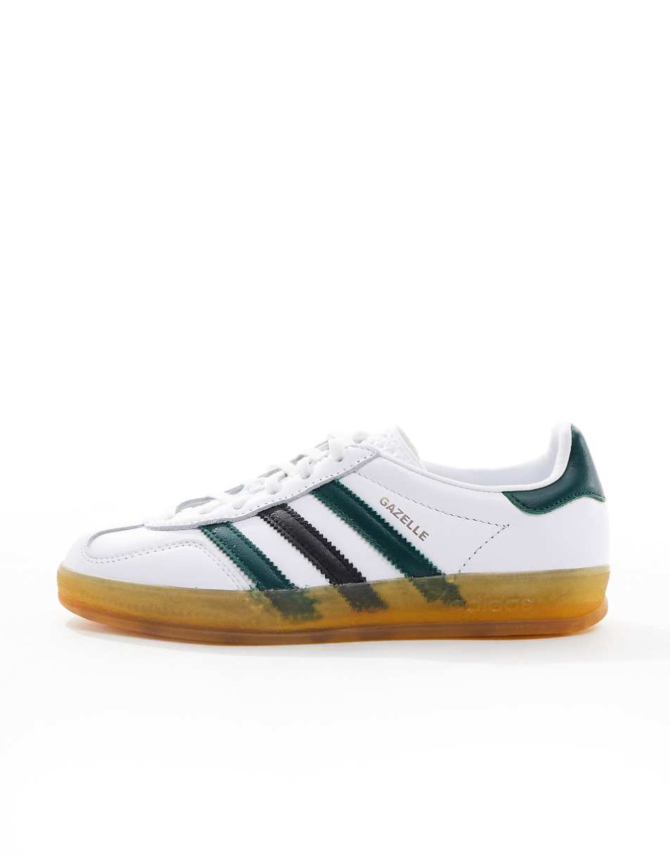 adidas Originals Gazelle Indoor gum sole sneakers in white and green