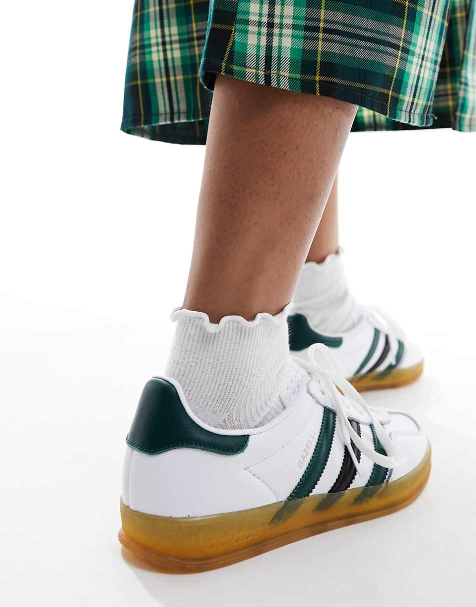 adidas Originals Gazelle Indoor gum sole sneakers in white and green