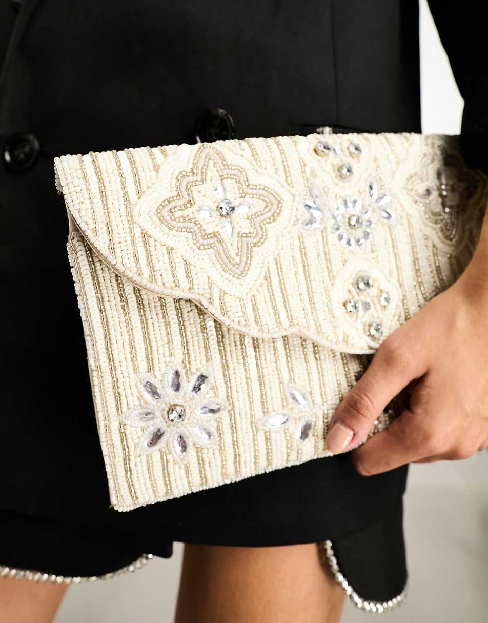 True Decadence embellished beaded flower detail clutch bag in silver