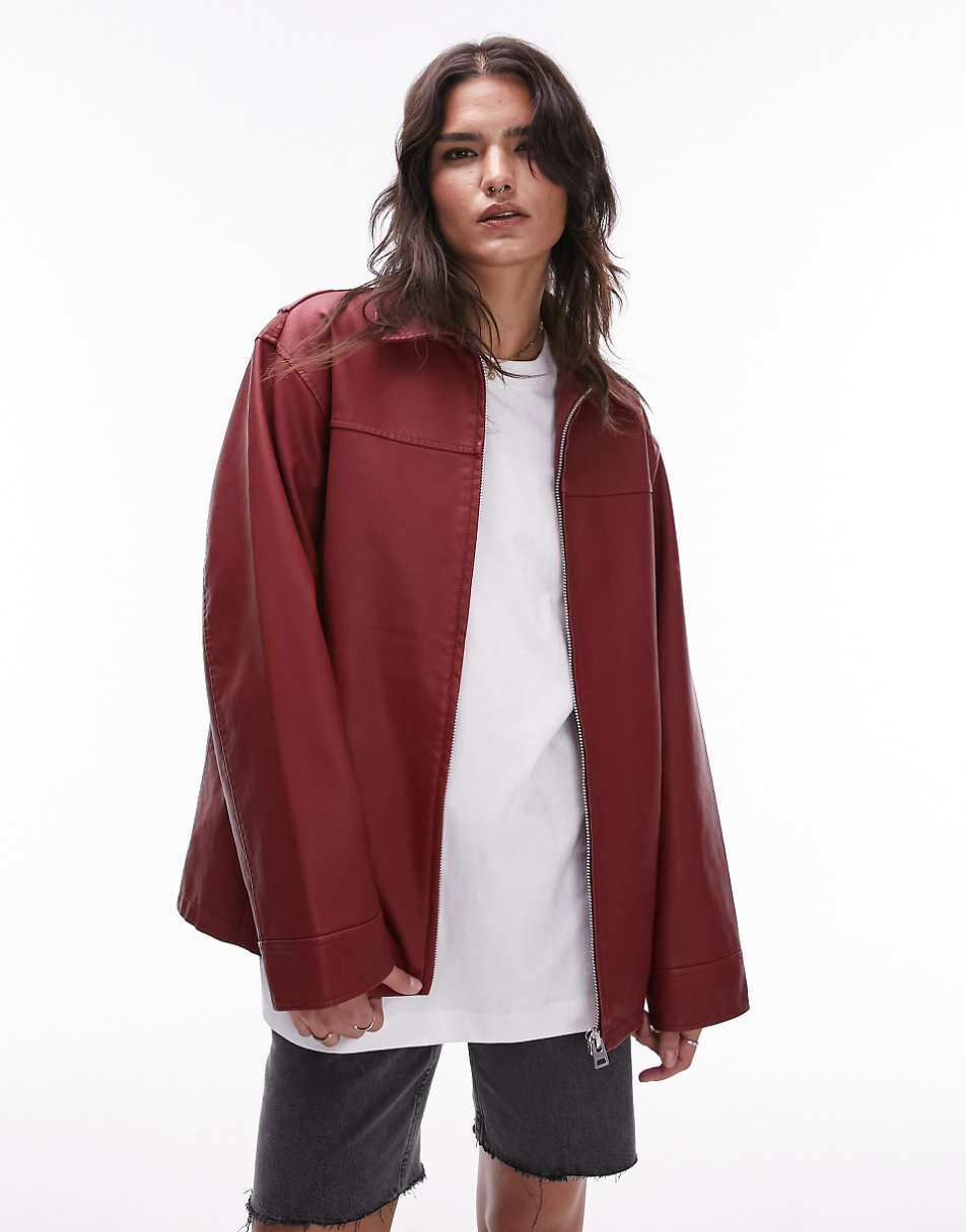 Topshop faux leather jacket with center front zip in red