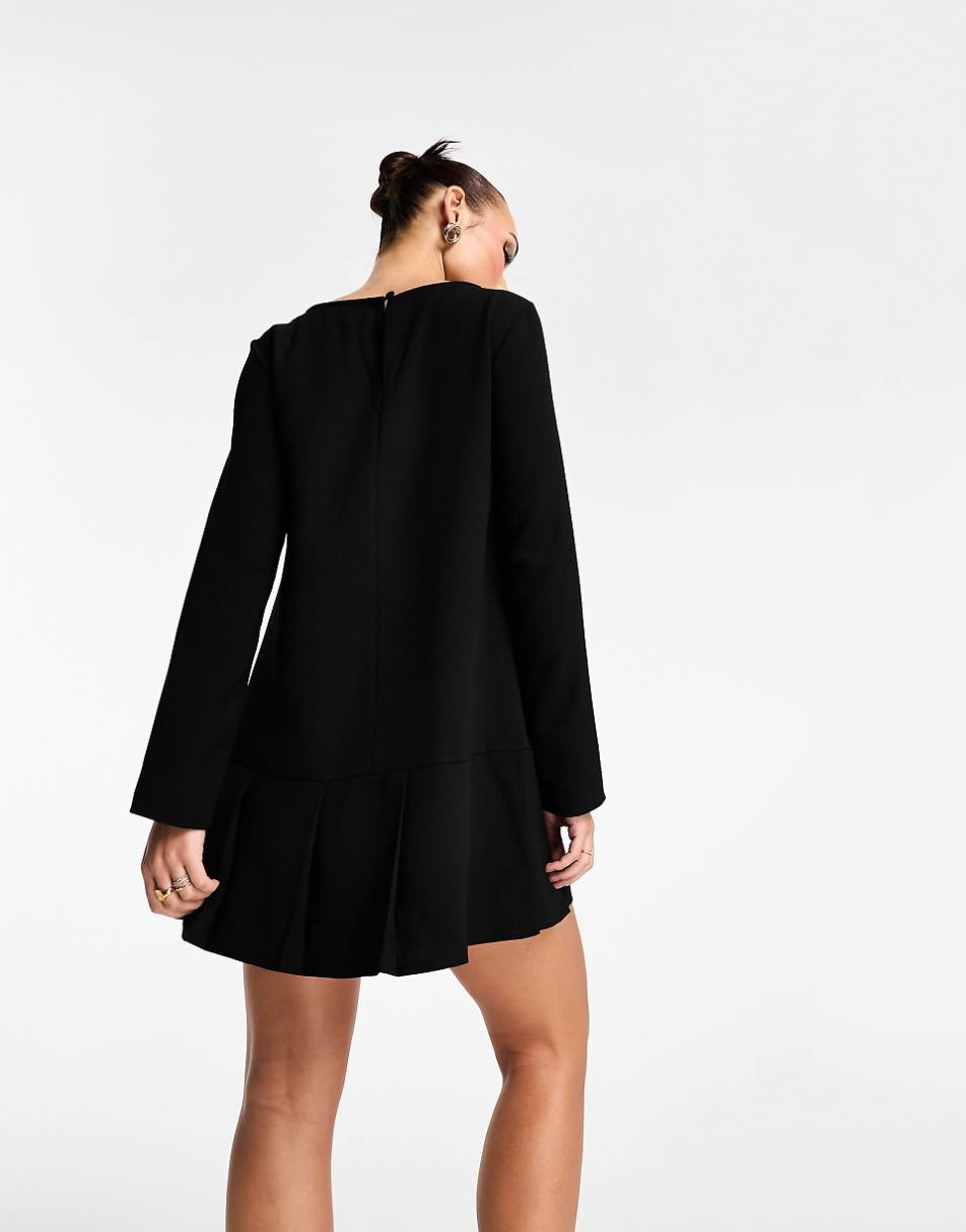 ASOS DESIGN long sleeve dropped waist box pleat mini dress in black