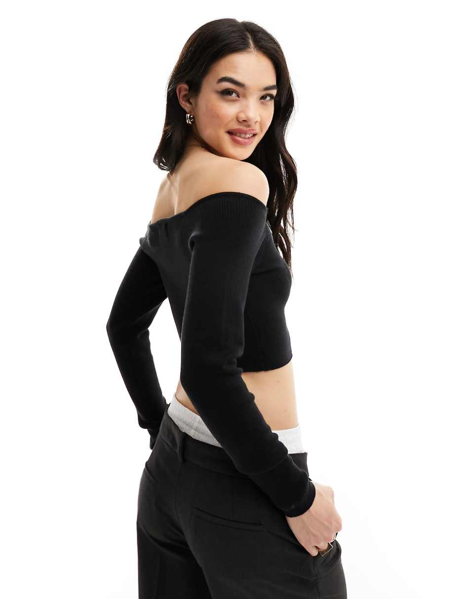 ASOS DESIGN knitted off shoulder bardot top in black