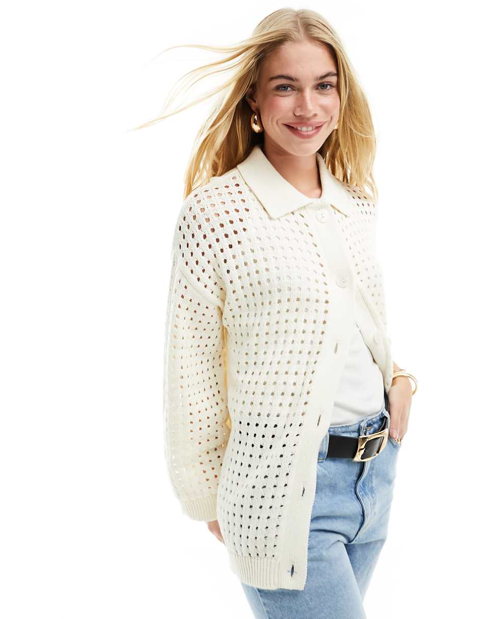 ASOS DESIGN knitted shirt with collar in open stitch in cream