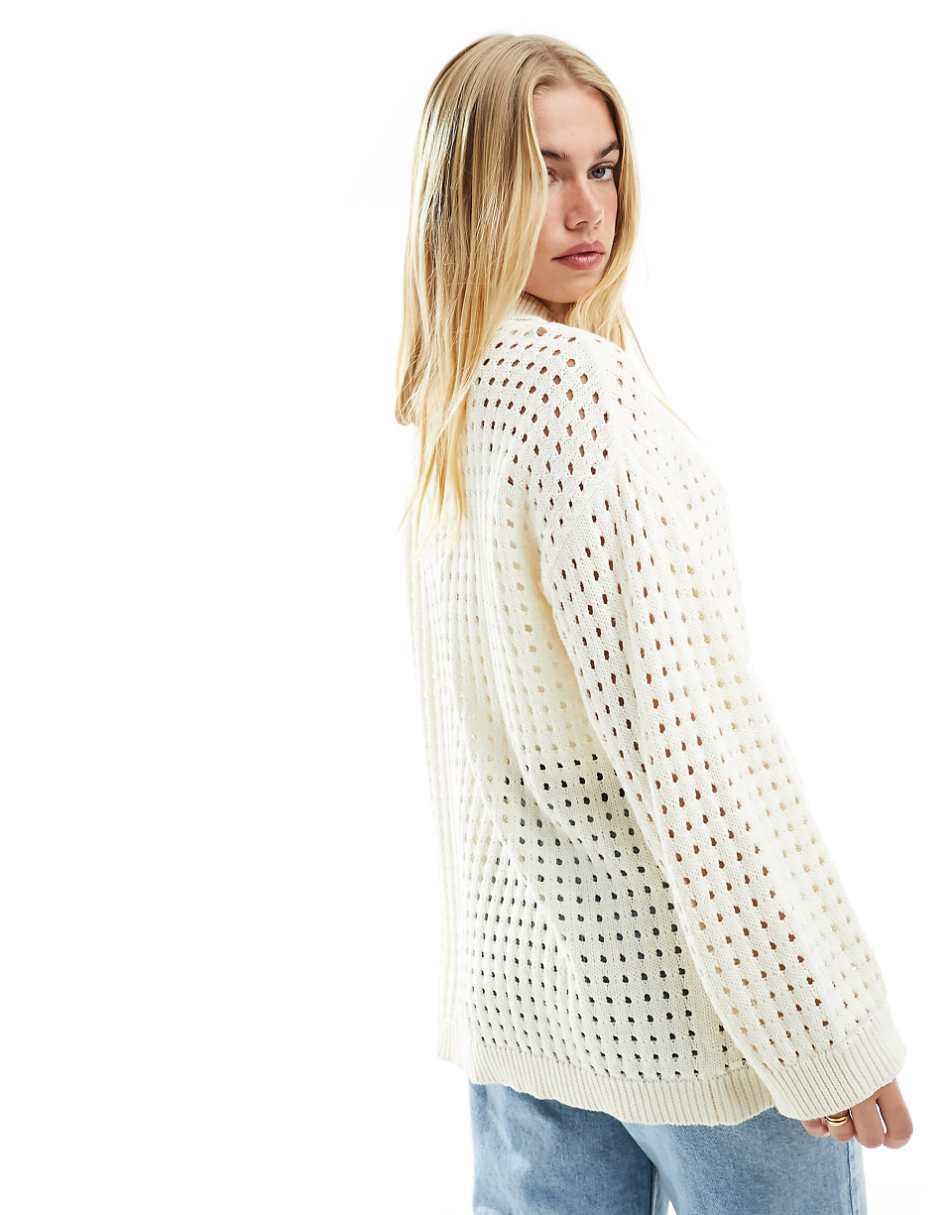 ASOS DESIGN knitted shirt with collar in open stitch in cream