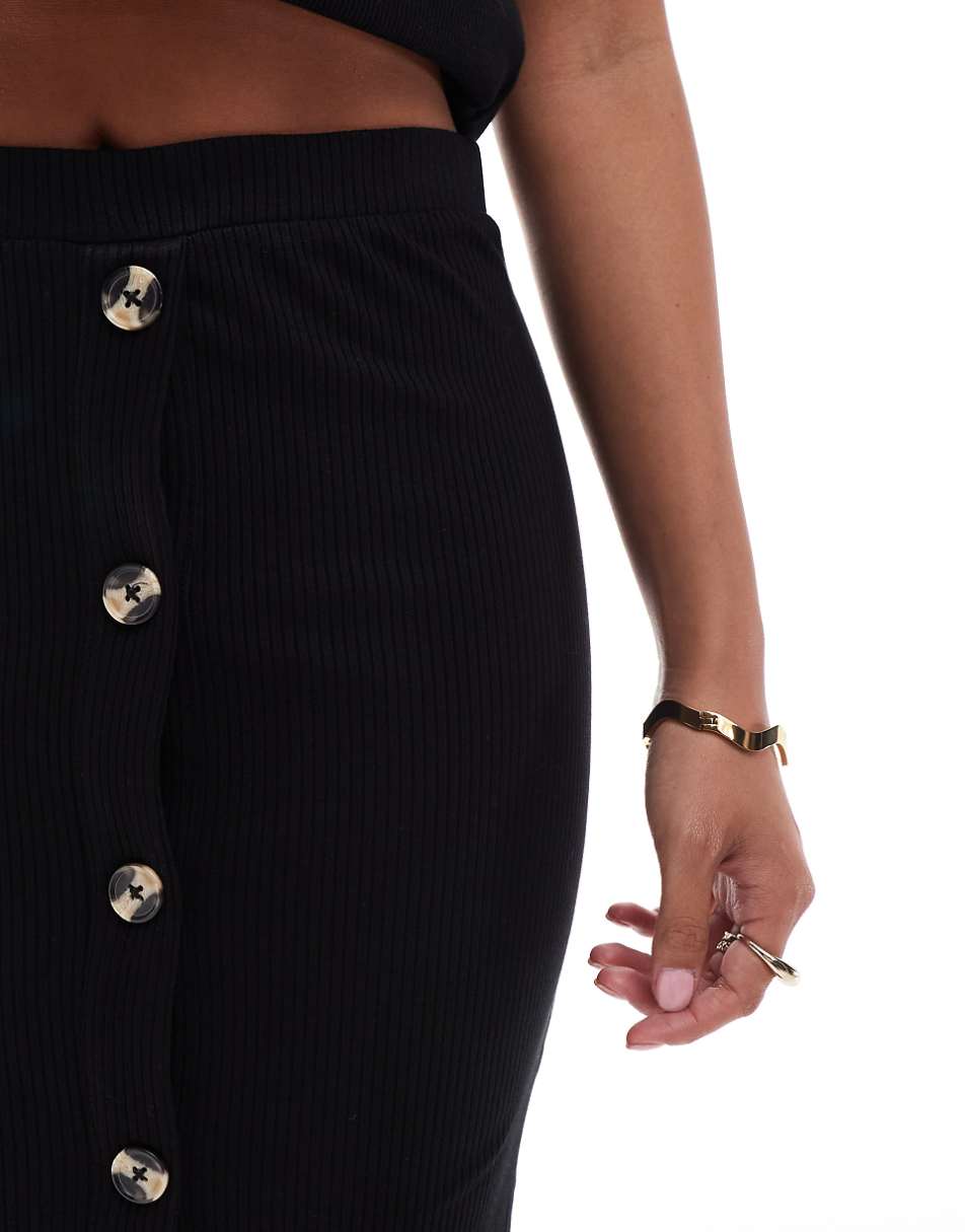 ASOS DESIGN Petite ribbed midi skirt with horn buttons in black
