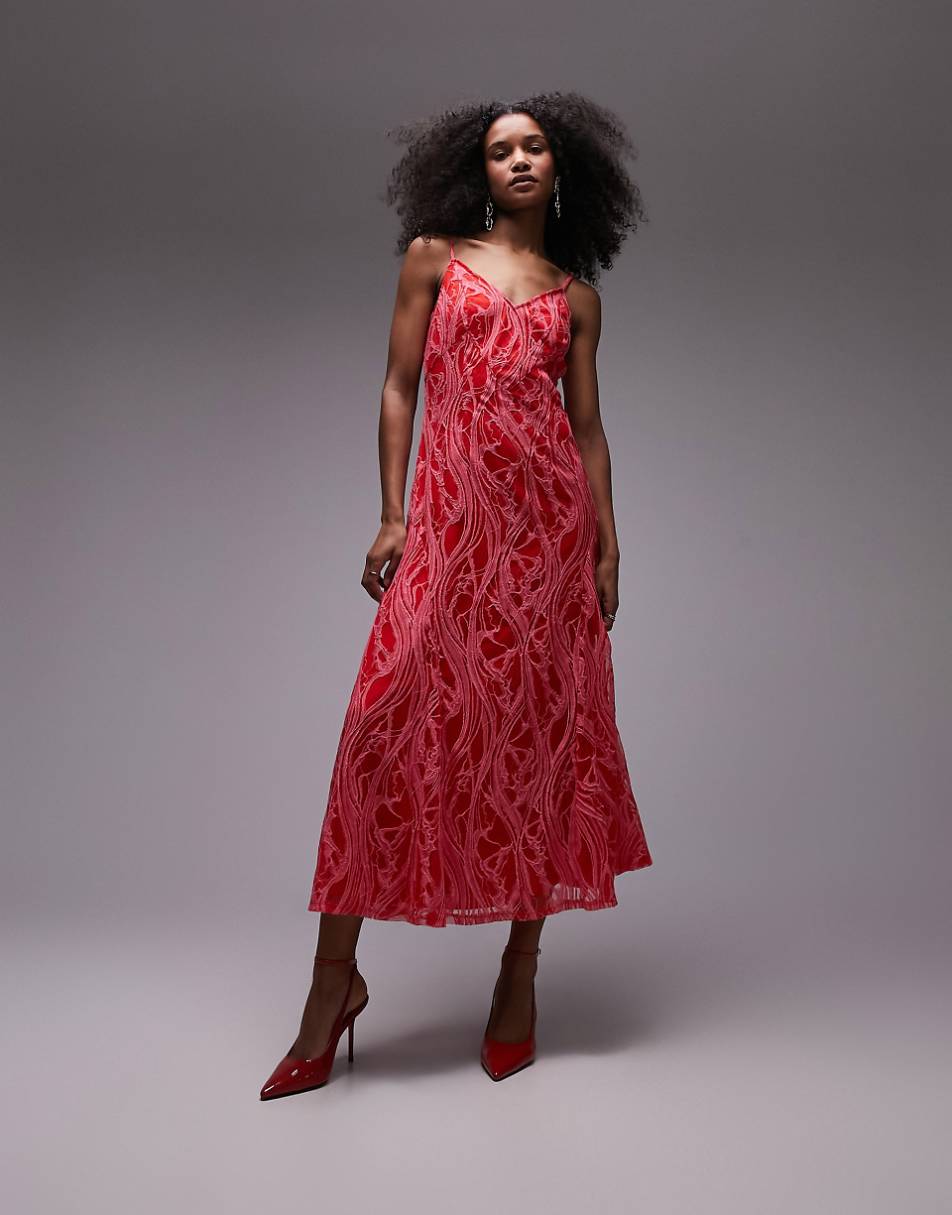 Topshop lace cami midi dress in pink and red