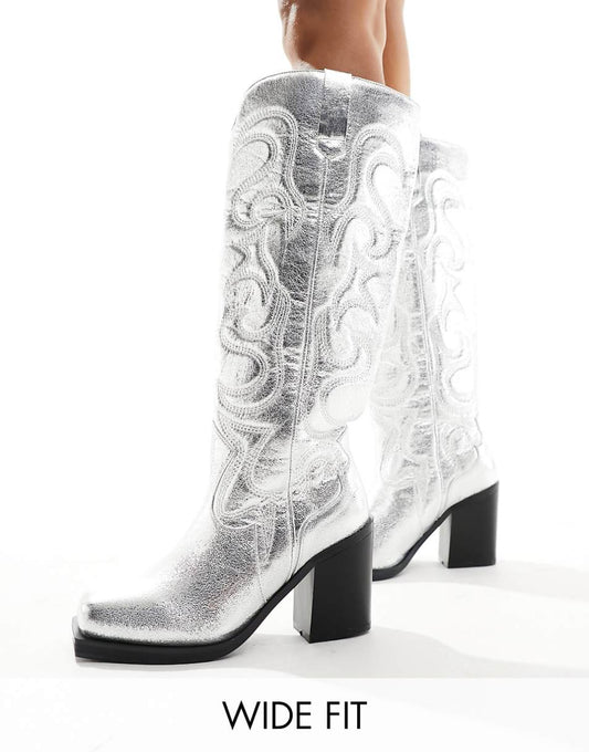 Public Desire Wide Fit Austine knee boot with western stitching in metallic silver