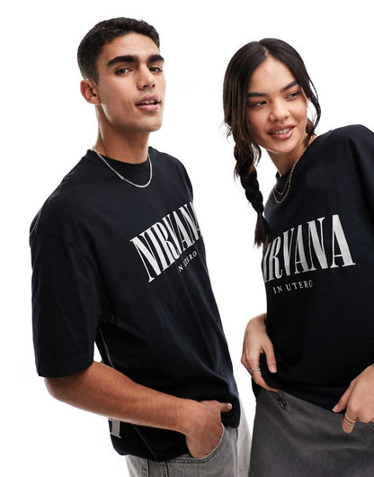 ASOS DESIGN unisex oversized graphic tee in black with Nirvana prints