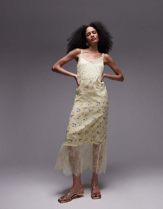 Topshop premium scoop neck lace insert midi dress with removable lining in yellow floral print