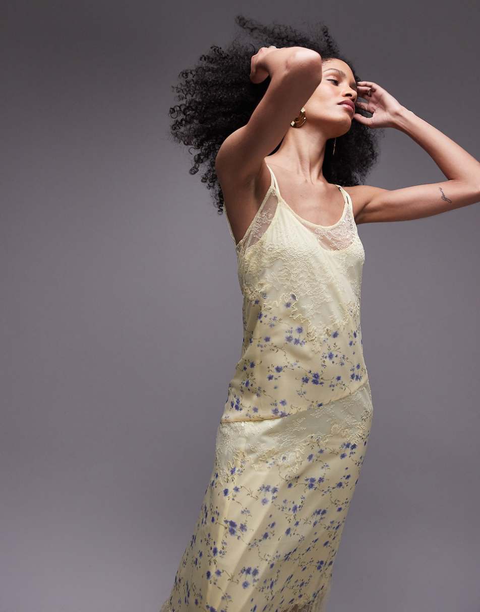 Topshop premium scoop neck lace insert midi dress with removable lining in yellow floral print