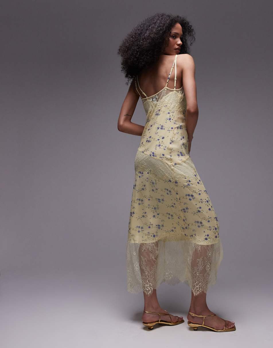 Topshop premium scoop neck lace insert midi dress with removable lining in yellow floral print