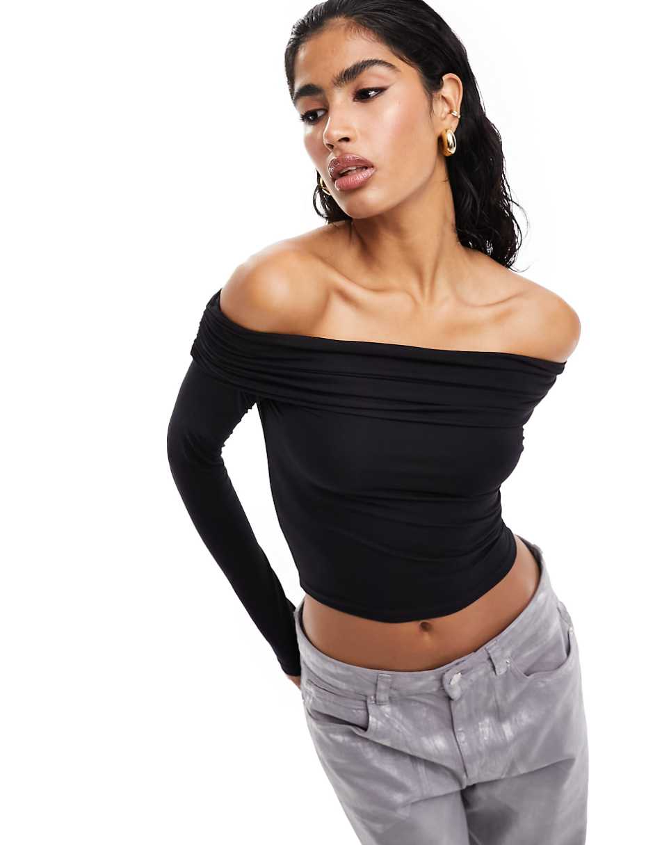 ASOS DESIGN slinky bardot long sleeve top in black