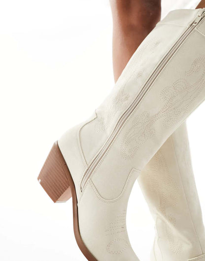 Glamorous Wide Fit western knee boots in off white micro