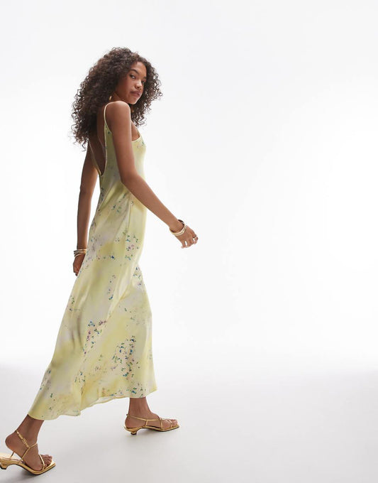 Topshop scoop maxi slip dress in mixed yellow floral print